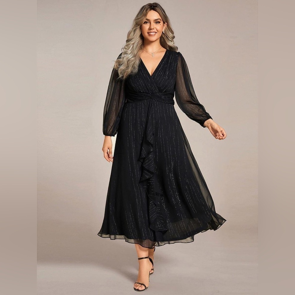 🆕 Plus Size Twist Knot Louts Leaf Long Sleeve A-Line Evening Dress